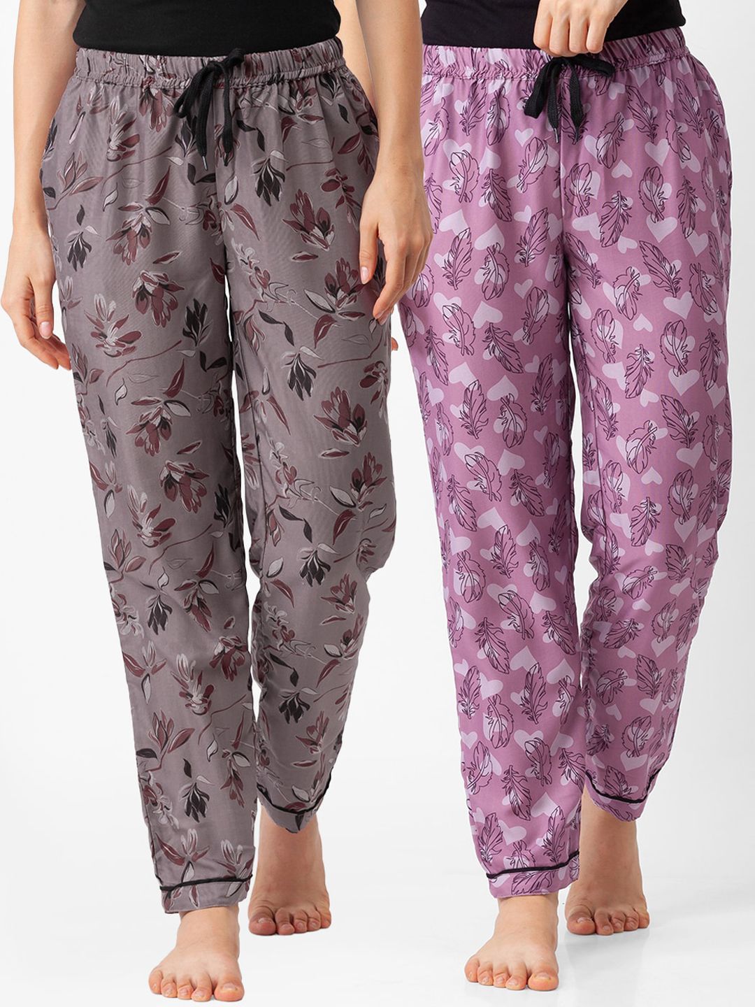 FashionRack Women Pack Of 2 Brown & Pink Printed Cotton Lounge Pants Price in India