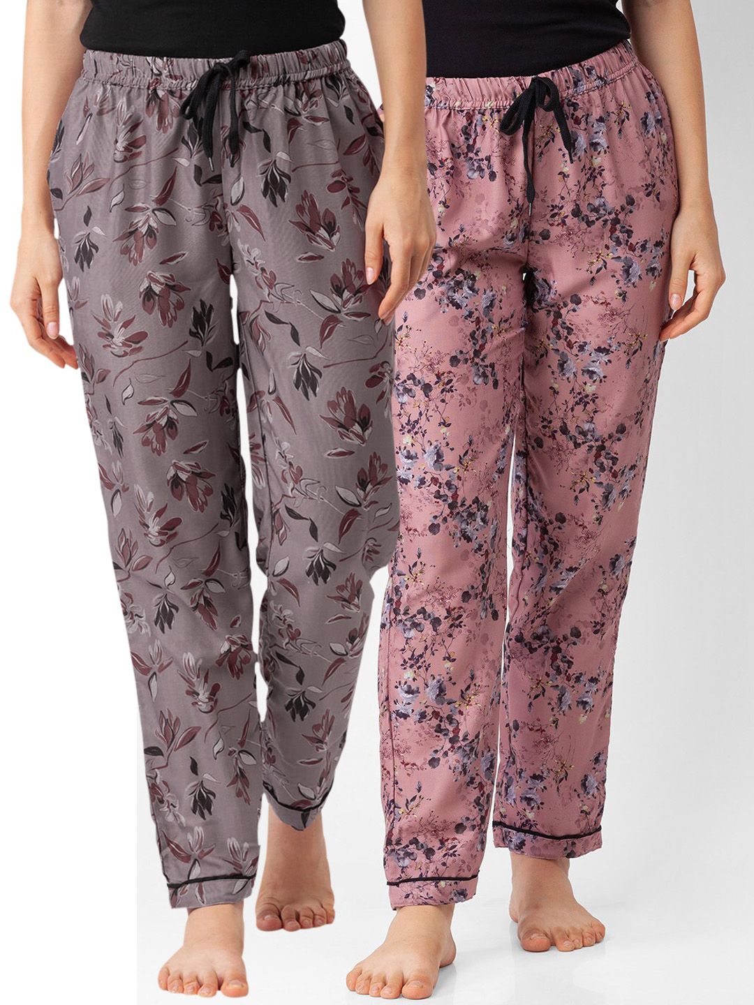 FashionRack Women Pack Of 2 Brown & Grey Printed Cotton Lounge Pants Price in India