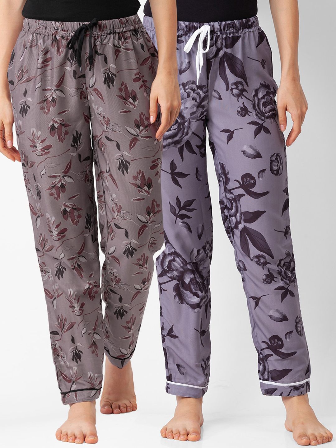 FashionRack Pack Of 2 Women Brown & Grey Printed Cotton Lounge Pants Price in India