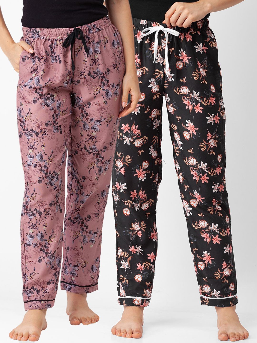 FashionRack Women Pack of 2 Pink And Black Printed Lounge Pants Price in India