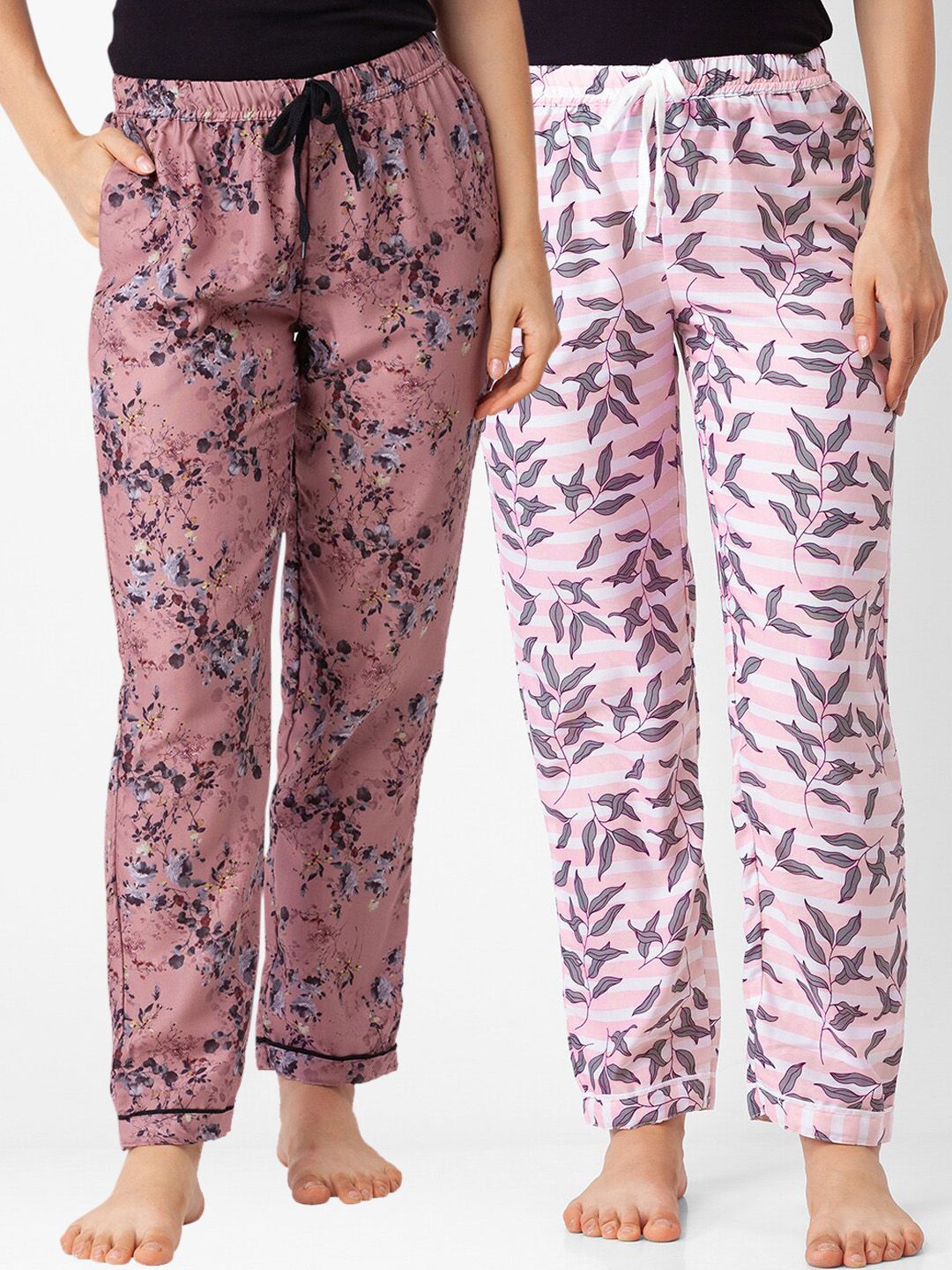 FashionRack Pack of 2 Pink & Brown Printed Cotton Lounge Pants Price in India