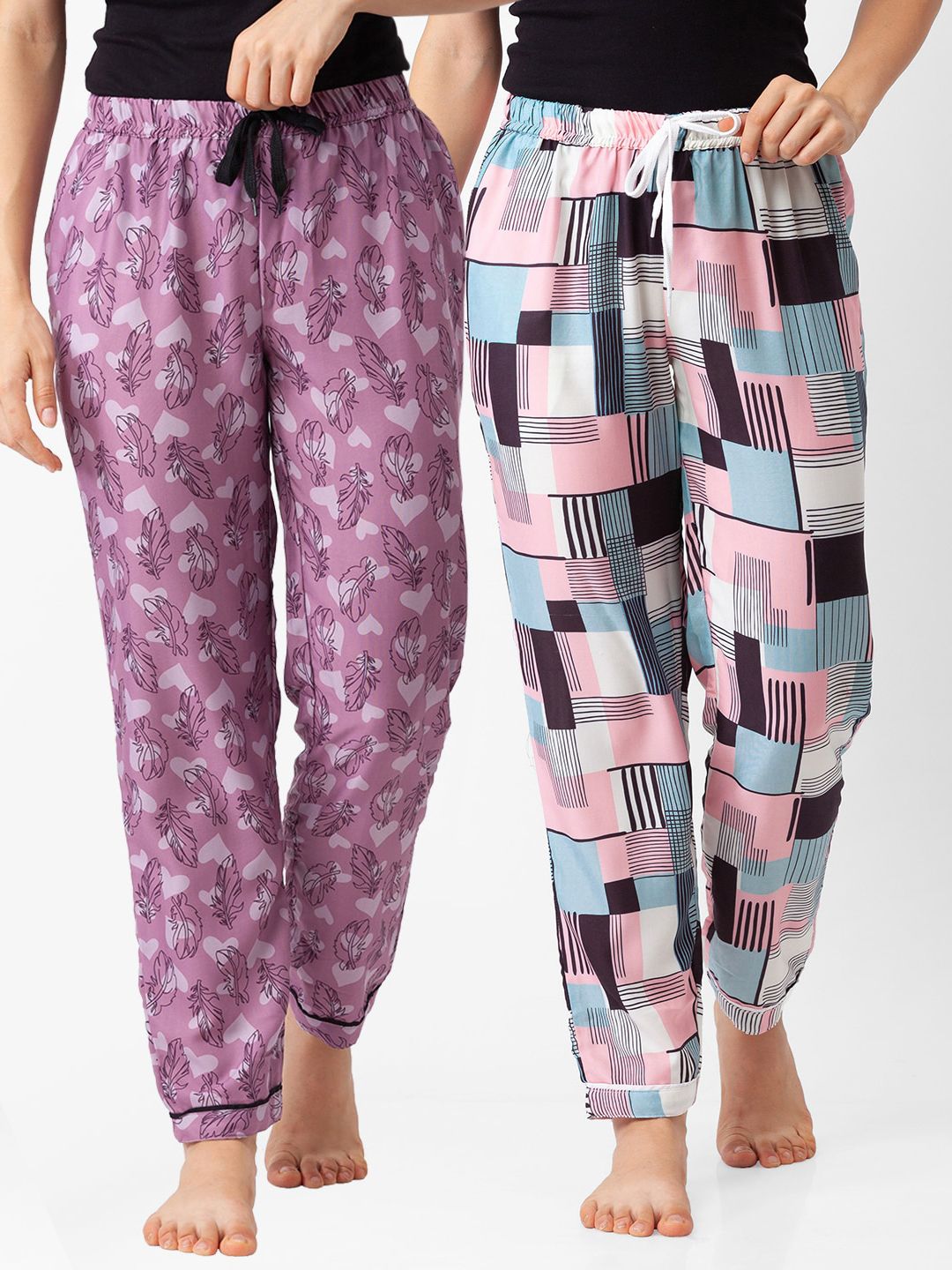 FashionRack Pack Of 2 Women Pink & Blue Printed Cotton Lounge Pants Price in India