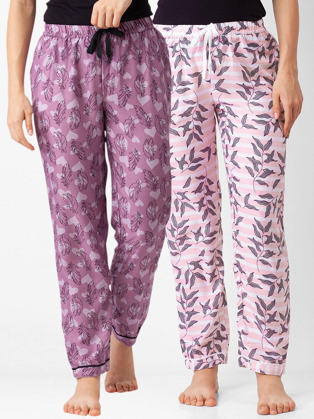 FashionRack Pack Of 2 Women Pink & White Printed Cotton Lounge Pants Price in India