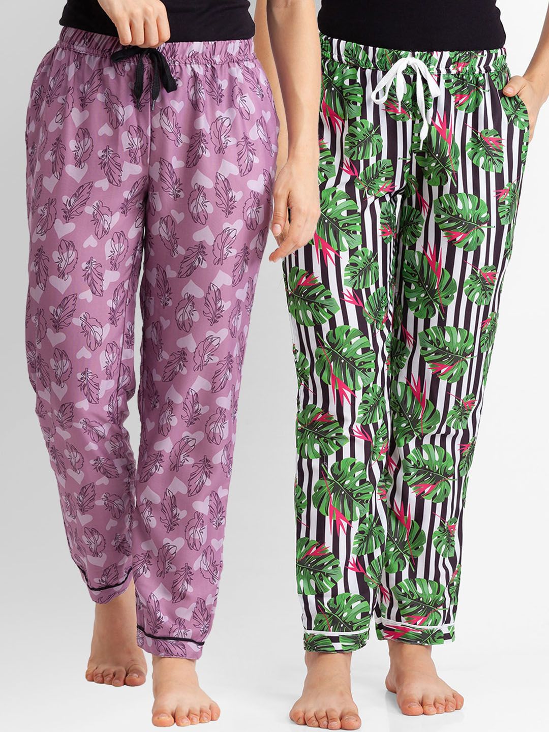 FashionRack Set of 2 Women Pink & Green Printed Cotton Lounge Pants Price in India