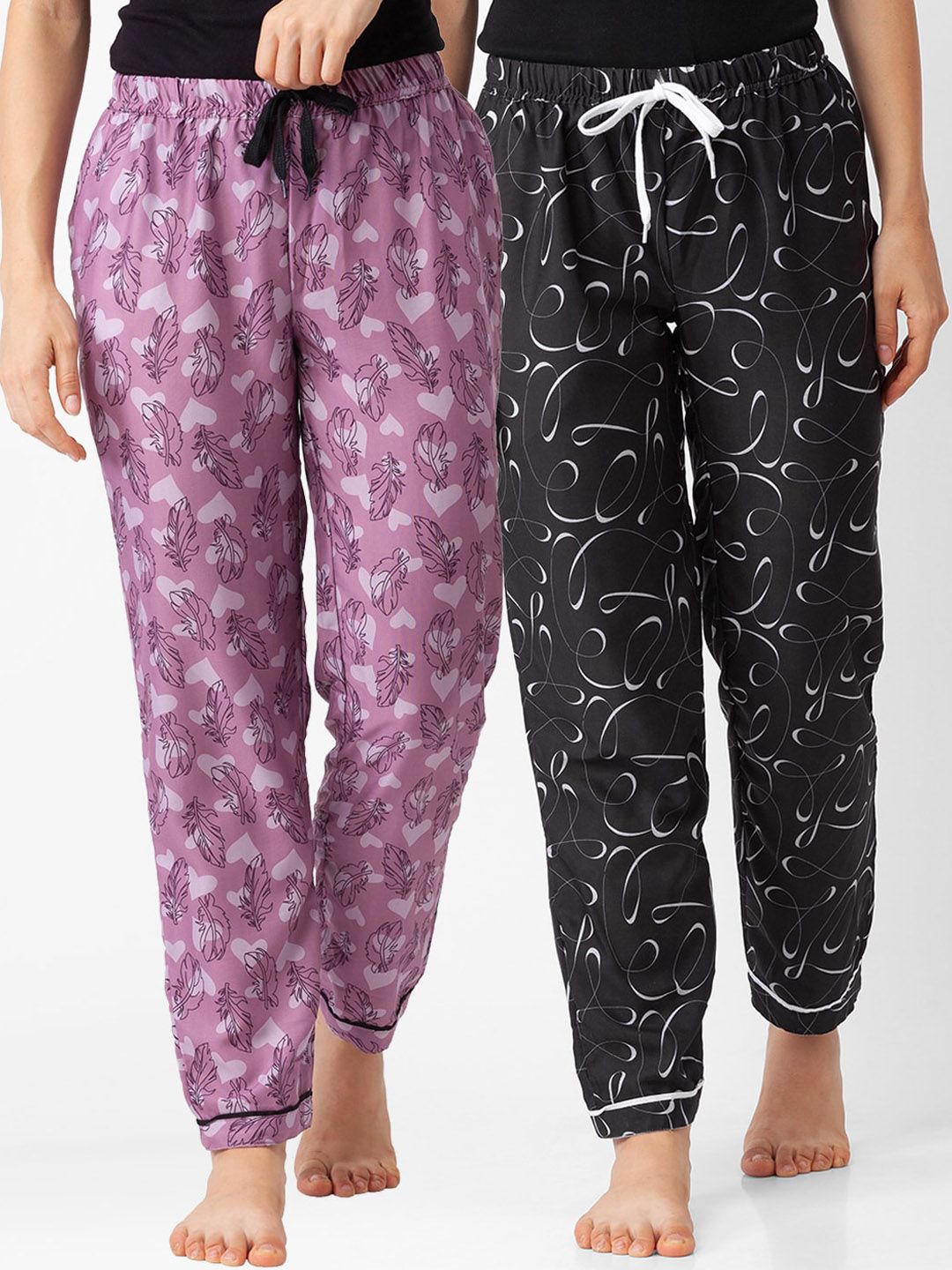 FashionRack Pack Of 2 Women Pink & Black Printed Cotton Lounge Pants Price in India