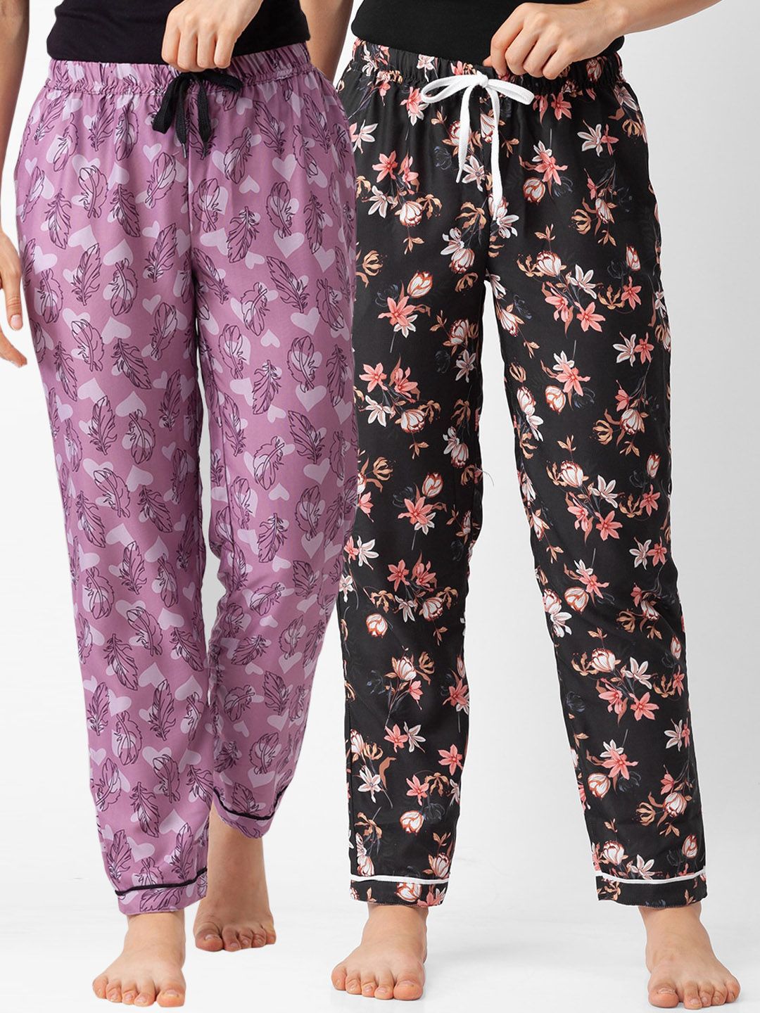 FashionRack Pack Of 2 Women  Pink & Black Printed Cotton Lounge Pants Price in India