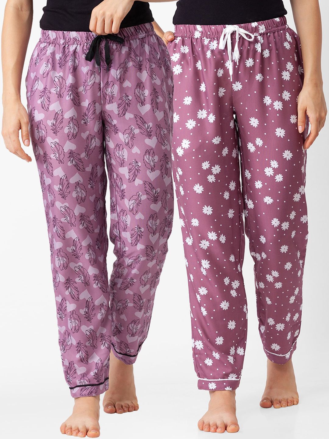 FashionRack Women Pack Of 2 Pink & White Printed Cotton Lounge Pants Price in India