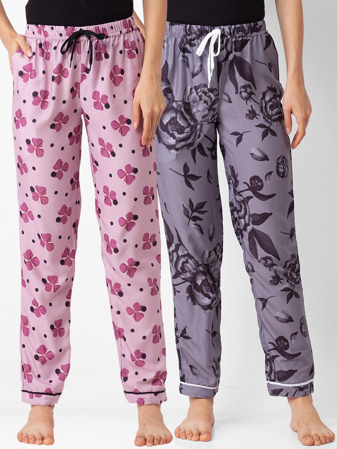 FashionRack Set of 2 Women Pink & Grey Printed Cotton Lounge Pants Price in India