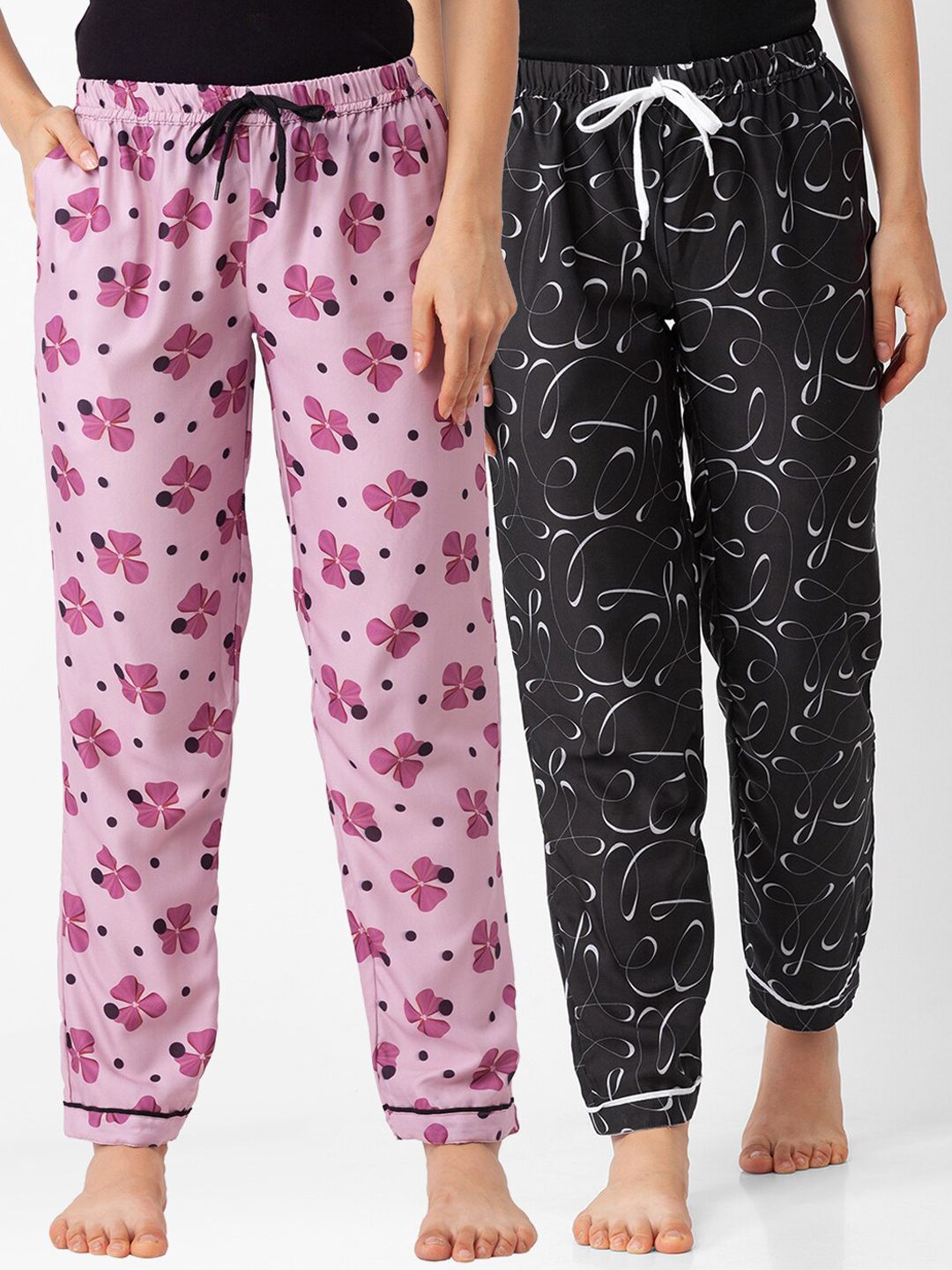 FashionRack  Pack Of 2 Women Pink & Black Printed Cotton Lounge Pants Price in India