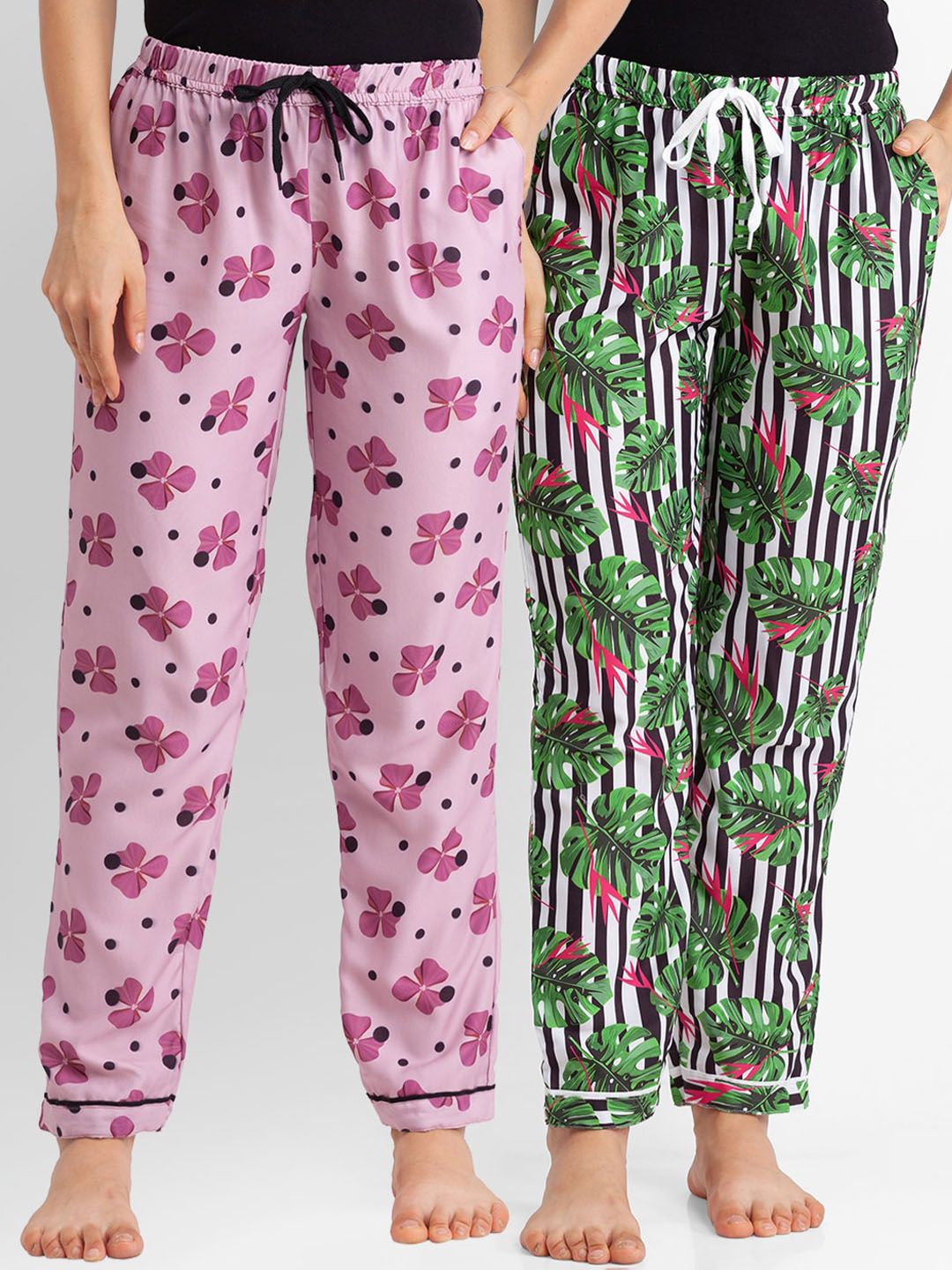 FashionRack Pack of 2 Women Pink & Green Printed Cotton Lounge Pants Price in India