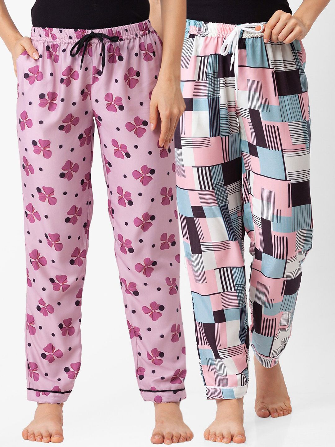 FashionRack Pack of 2 Women Pink & Blue Women Printed Lounge Pants Price in India