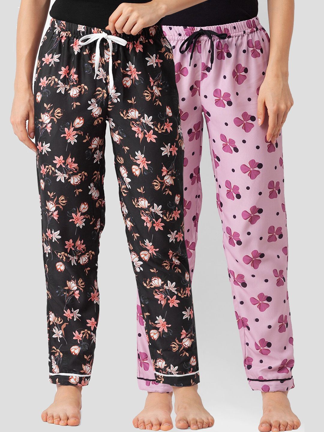 FashionRack Pack Of 2 Women Black & Pink Printed Cotton Lounge Pants Price in India