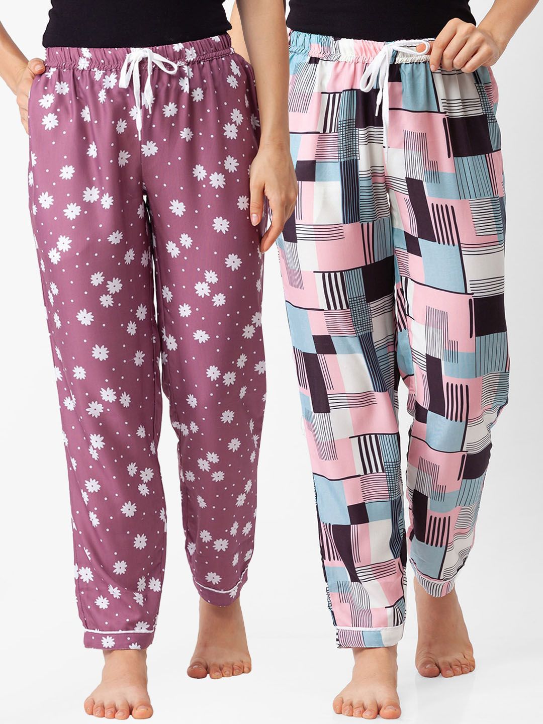 FashionRack Women Pack Of 2 Pink & White Printed Cotton Lounge Pants Price in India