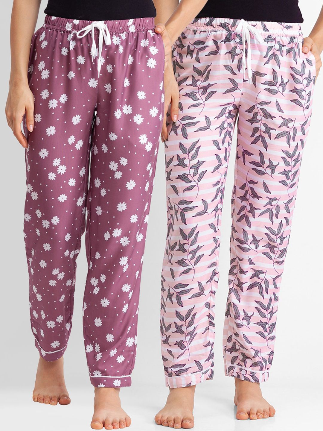 FashionRack Women Pack of 2 Pink Printed Cotton Lounge Pants Price in India