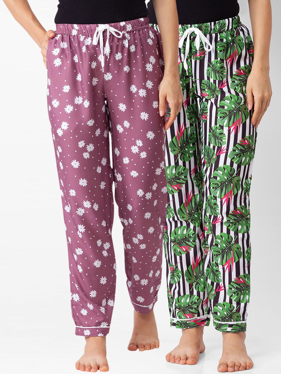 FashionRack Women Pack of 2 Mauve & Green Printed Lounge Pants Price in India