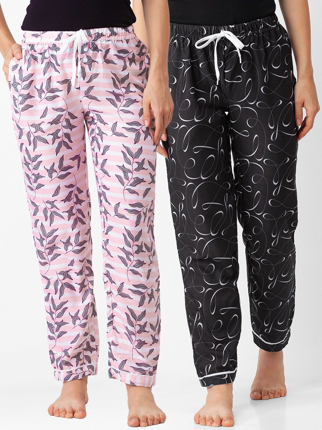 FashionRack Pack of 2 Black & Pink Printed Cotton Lounge Pants Price in India