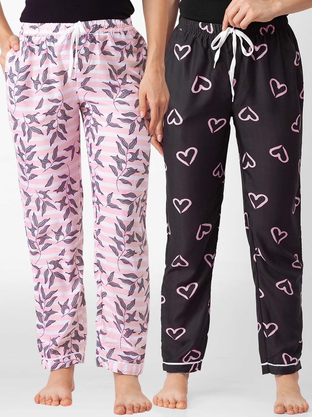 FashionRack Women Set of 2 Pink & Black Printed Cotton Lounge Pants Price in India