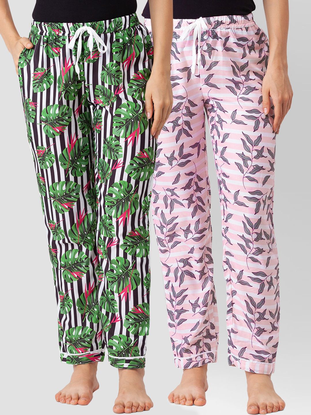 FashionRack Women Pack Of 2 Pink & Green Printed Cotton Lounge Pants Price in India