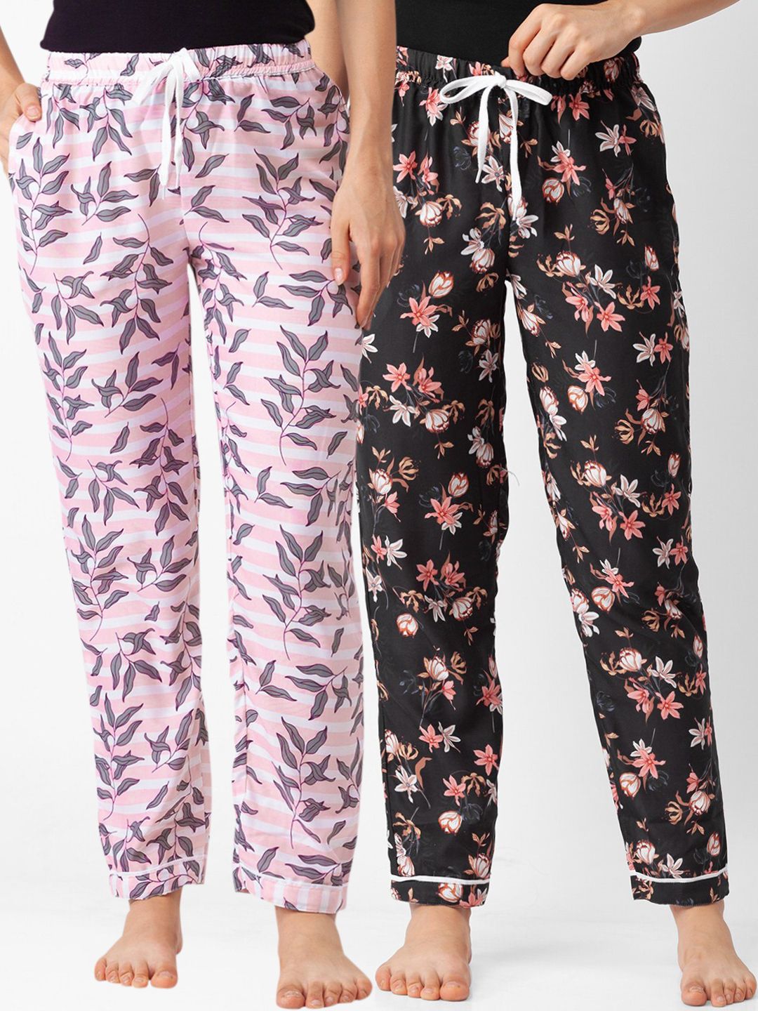 FashionRack Women Pack Of 2 Pink & Black Printed Cotton Lounge Pants Price in India