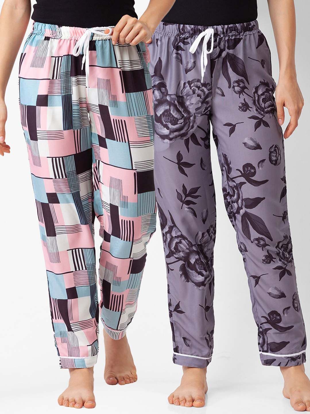 FashionRack Women Pack of 2 Pink & Purple Printed Cotton Lounge Pants Price in India