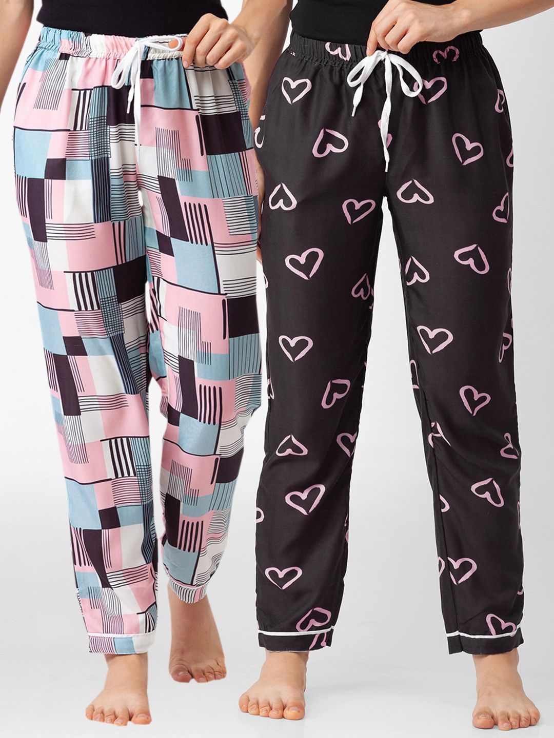 FashionRack Pack of 2 Women Pink & Black Printed Lounge Pants Price in India