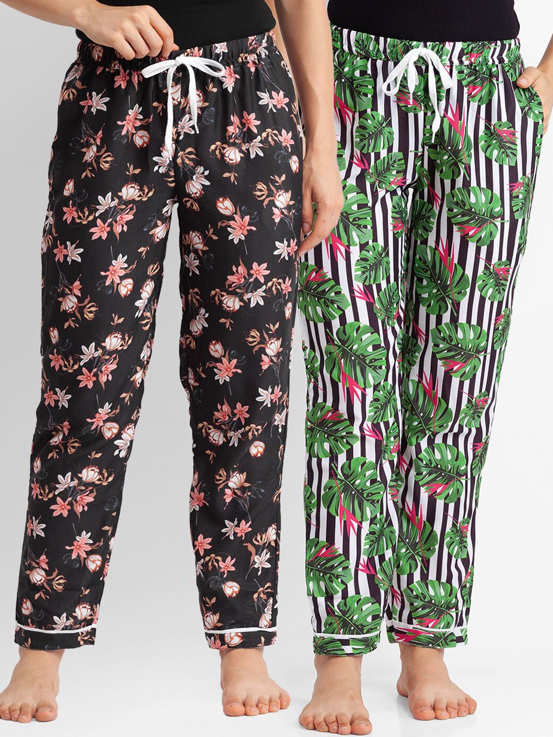 FashionRack Women Pack Of 2 Black & Green Printed Cotton Lounge Pants Price in India