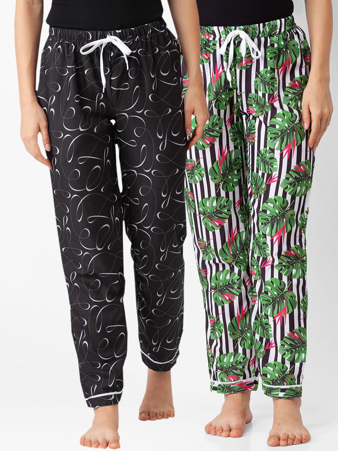 FashionRack Women Pack of 2 Black And White Printed Lounge Pants Price in India