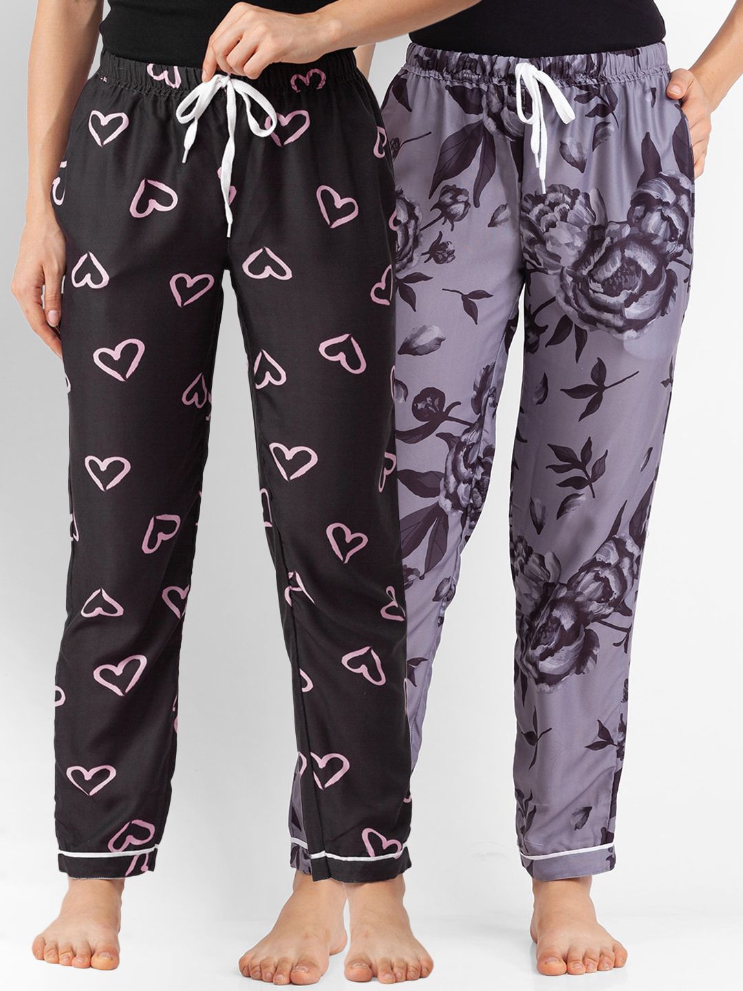 FashionRack Women Pack of 2 Black And Purple Printed Lounge Pants Price in India