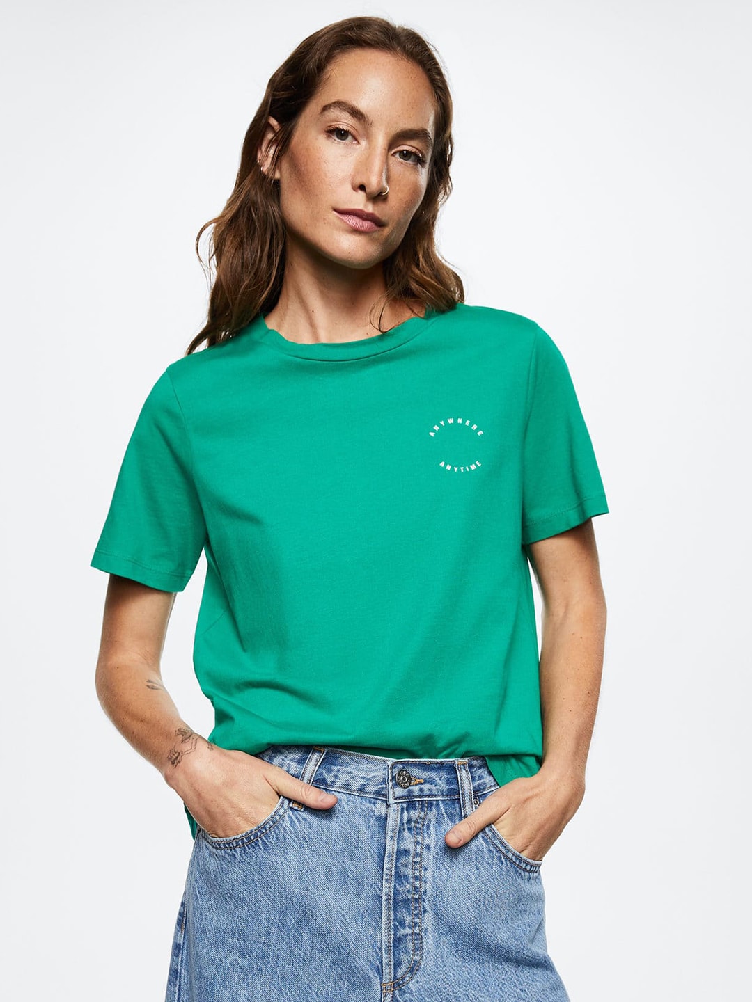 MANGO Women Green Typography Printed Sustainable Pure Cotton T-shirt Price in India