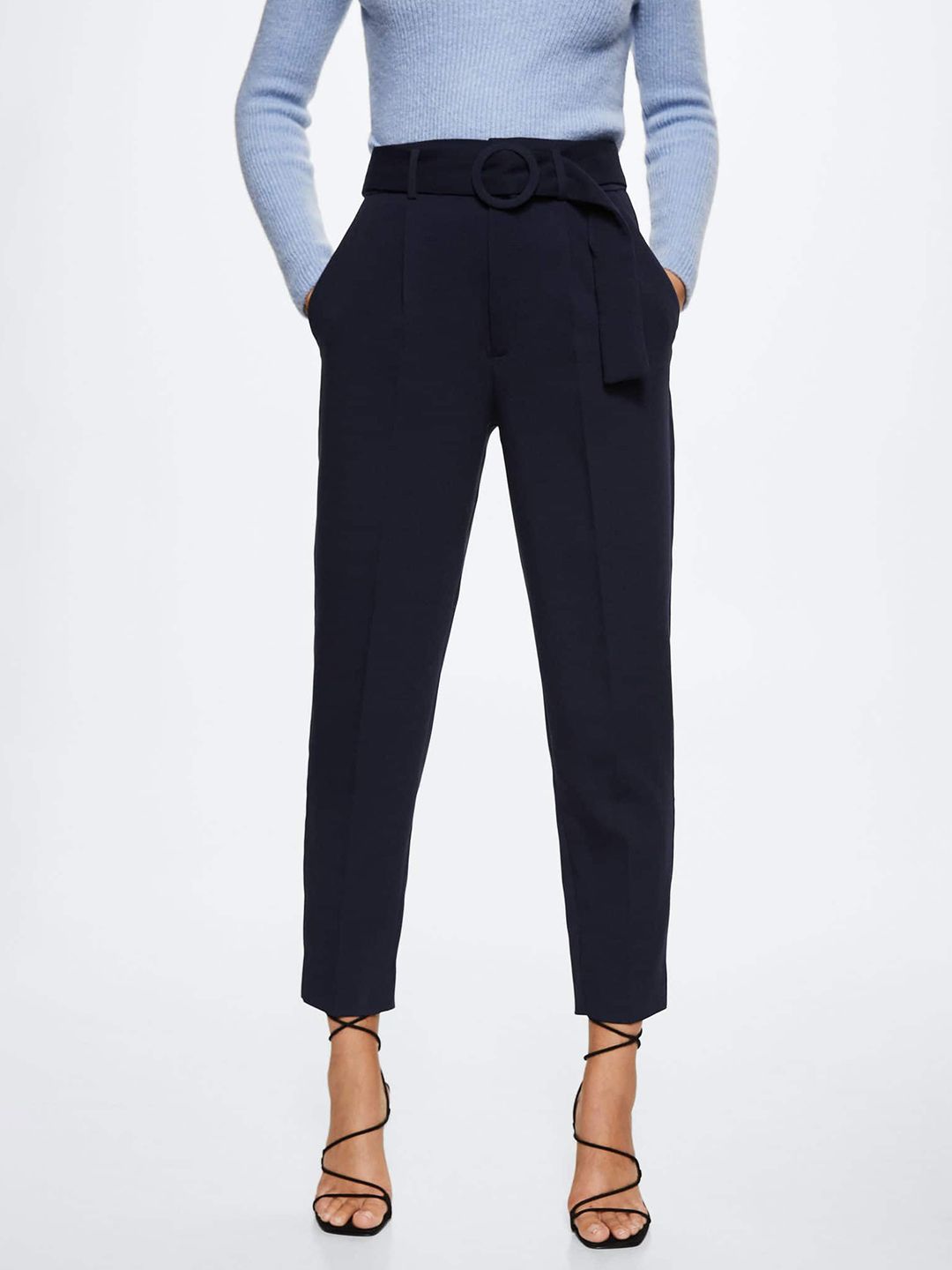 MANGO Women Navy Blue Solid Regular Trousers Price in India