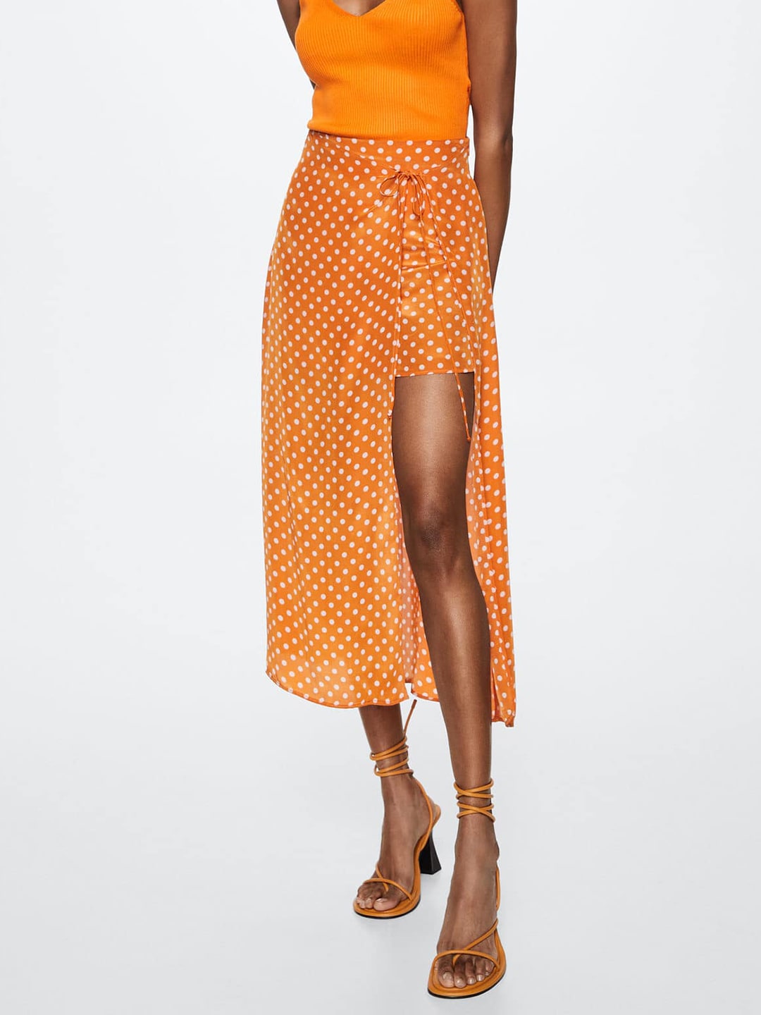 MANGO Women Orange & Off-White Polka Dots Print Sustainable Layered Skirt Price in India