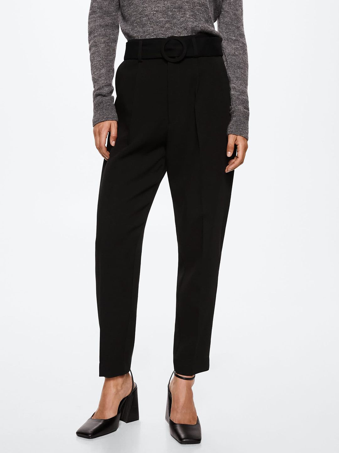 MANGO Women Black Solid Regular Trousers Price in India