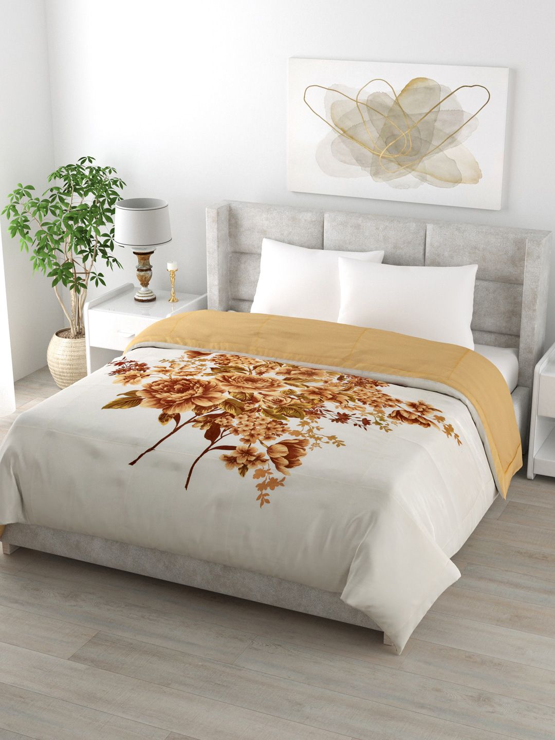 Clasiko Beige & Off White Floral AC Room 233 GSM Double Bed Comforter Price in India