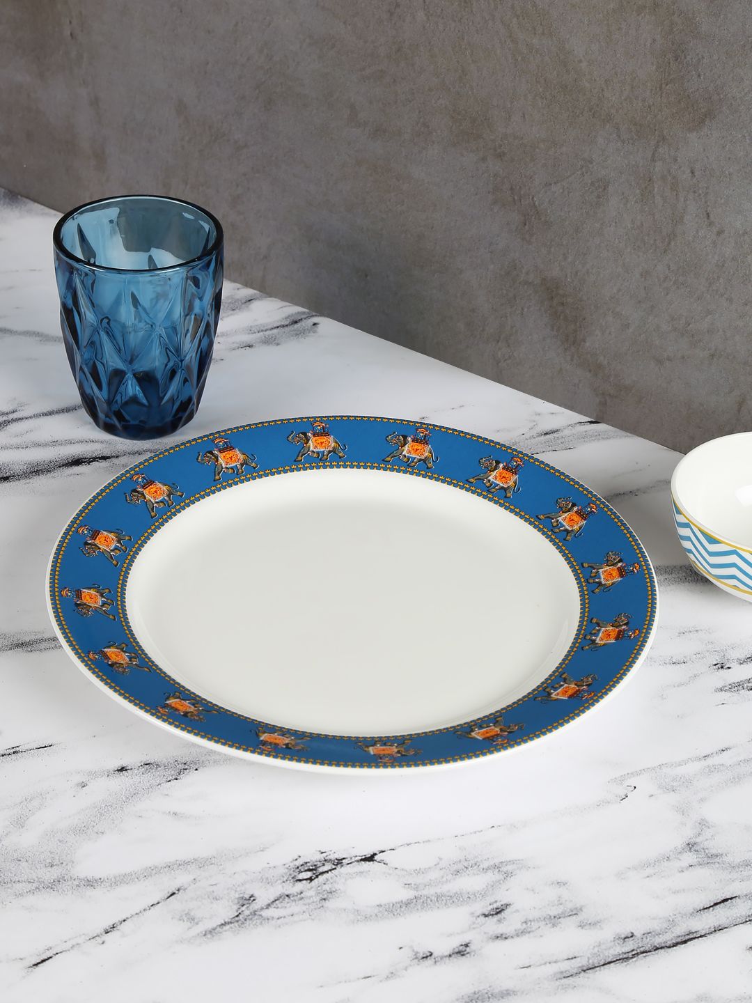 India Circus by Krsnaa Mehta White & Blue 1 Pieces Printed Bone China Glossy Plates Price in India