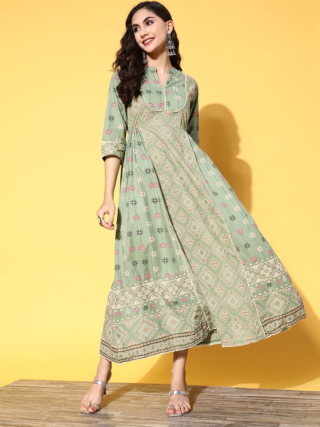 Juniper Women Gorgeous Green Cotton Volume Control Ethnic Dress Price in India