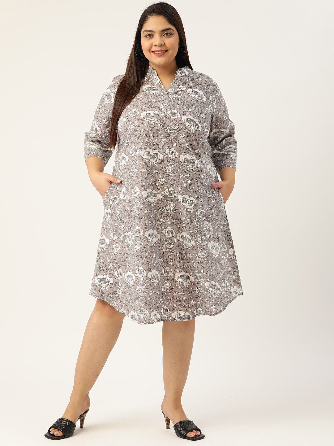theRebelinme Plus Size Grey Floral Pure Cotton Sheath Dress Price in India