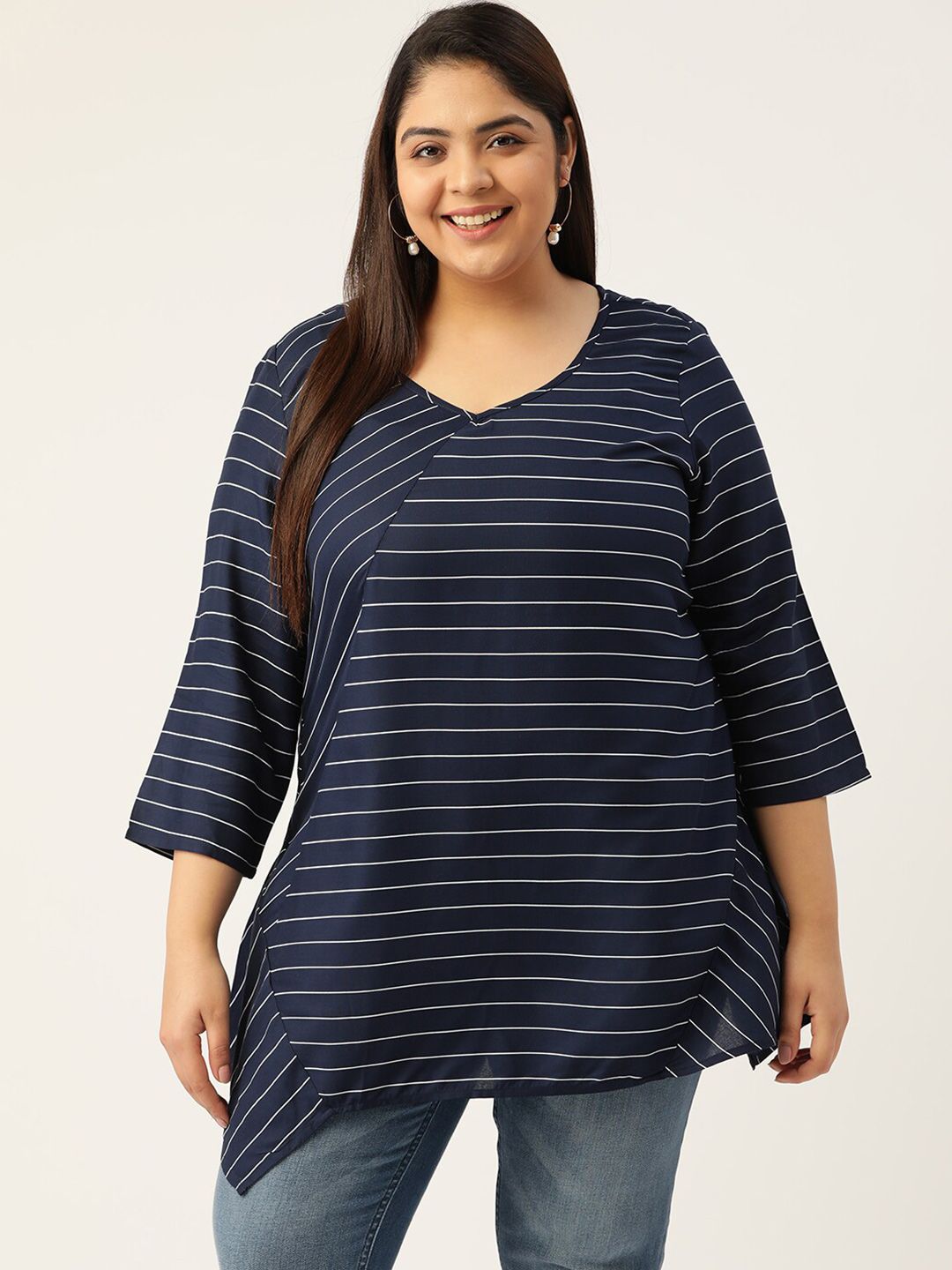 theRebelinme Women Navy Blue Plus Size Printed Striped Casual Top Price in India