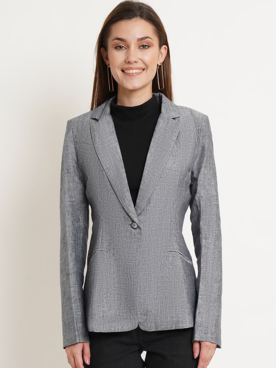 Purple State Women Grey Self Design Single-Breasted Slim Fit Linen Blazer Price in India