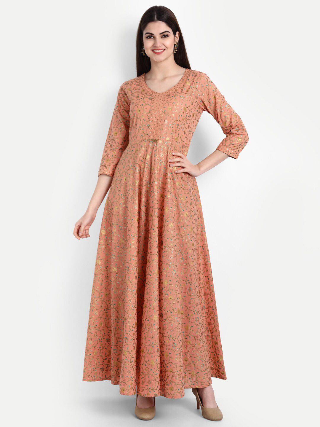 SUTI Women Peach-Coloured Ethnic Motifs Ethnic Maxi Dress Price in India