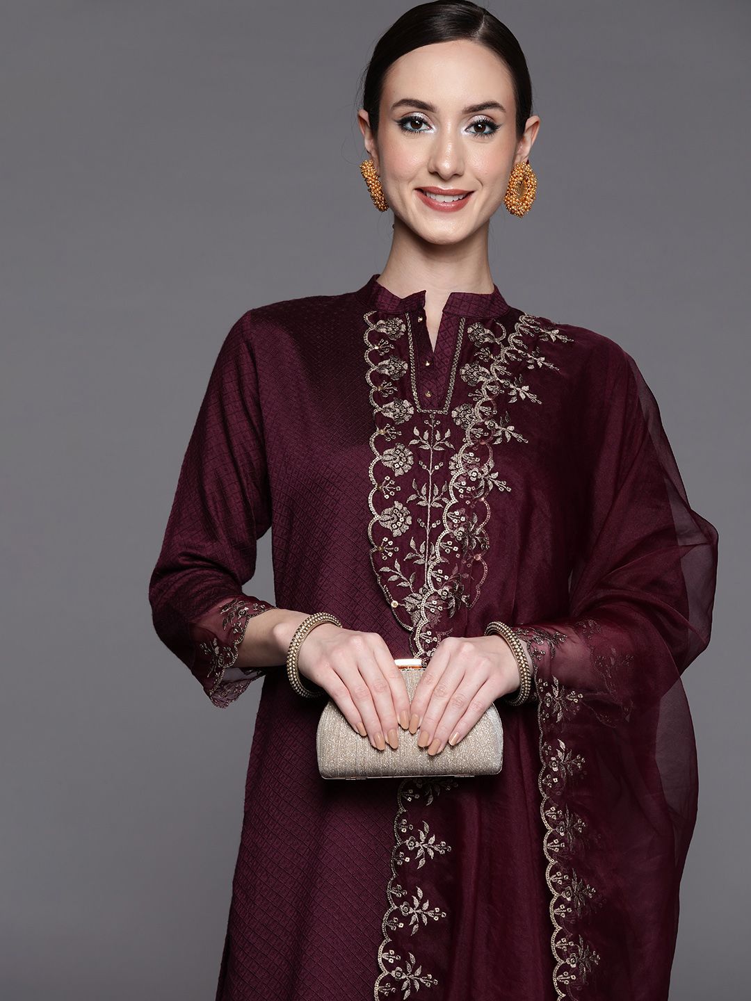 Indo Era Women Burgundy Floral Embroidered Kurta with Trousers & With Dupatta Price in India