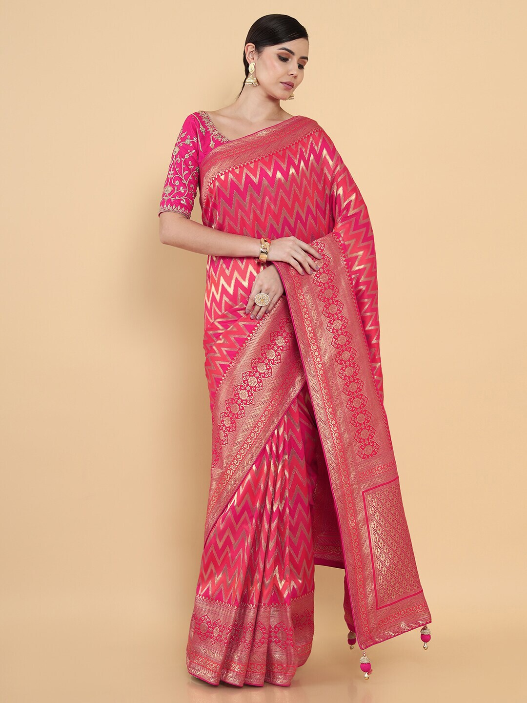 Soch Pink & Gold-Toned Leheriya Zari Silk Cotton Saree Price in India