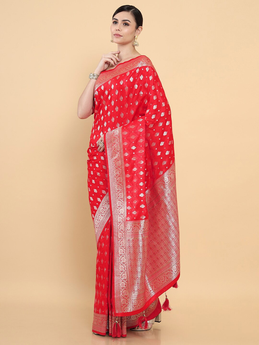 Soch Red & Gold-Toned Floral Zari Silk Cotton Saree Price in India