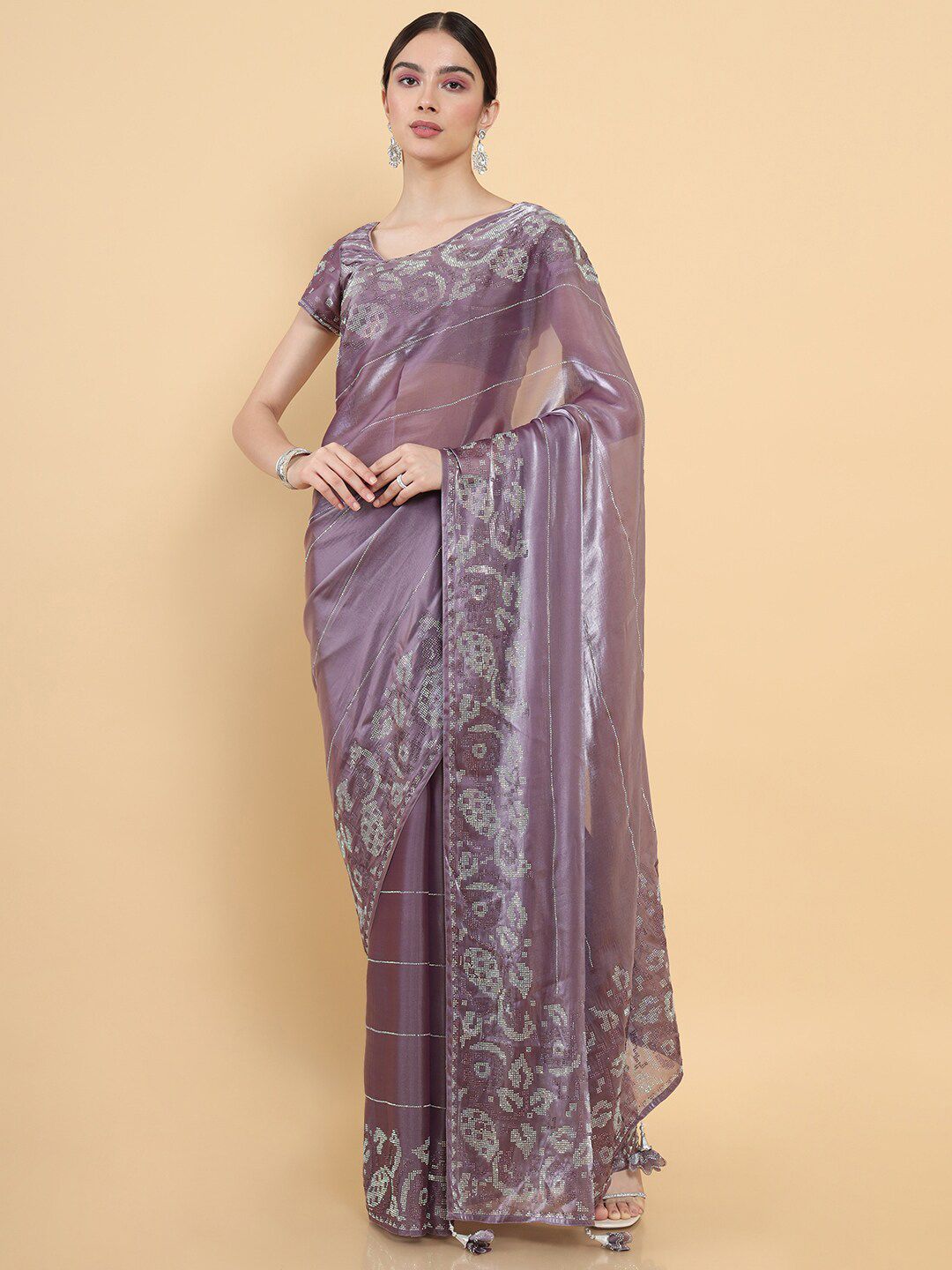 Soch Purple & White Embellished Beads and Stones Pure Georgette Saree Price in India
