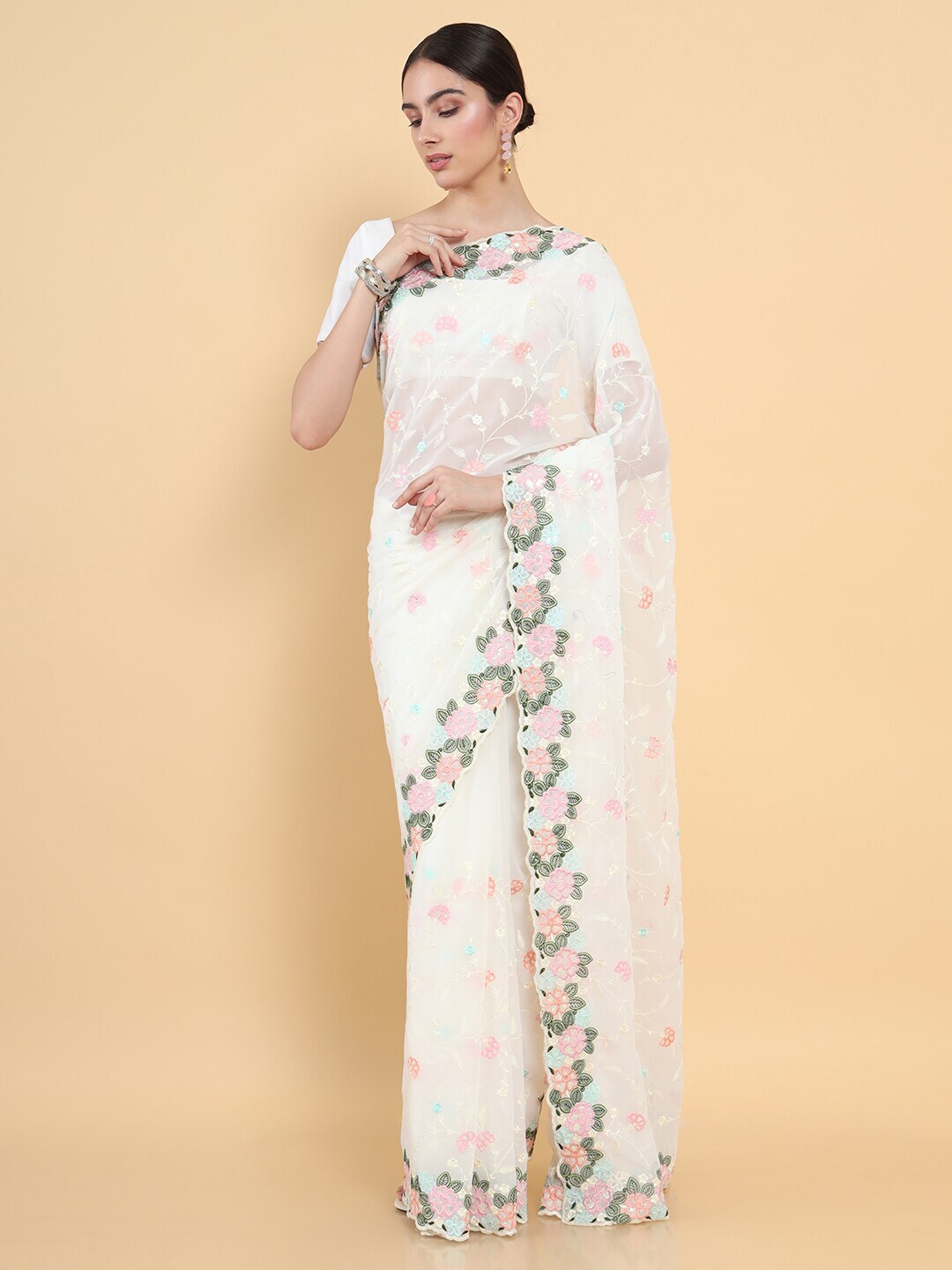 Soch Cream-Coloured & Green Floral Embroidered Pure Georgette Saree Price in India