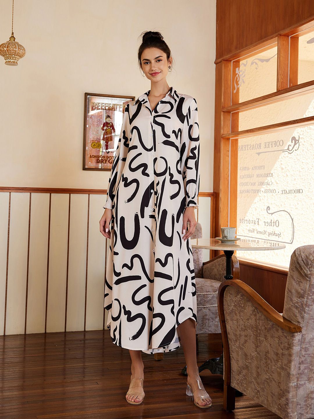 URBANIC Black & White Shirt Style Midi Dress Price in India