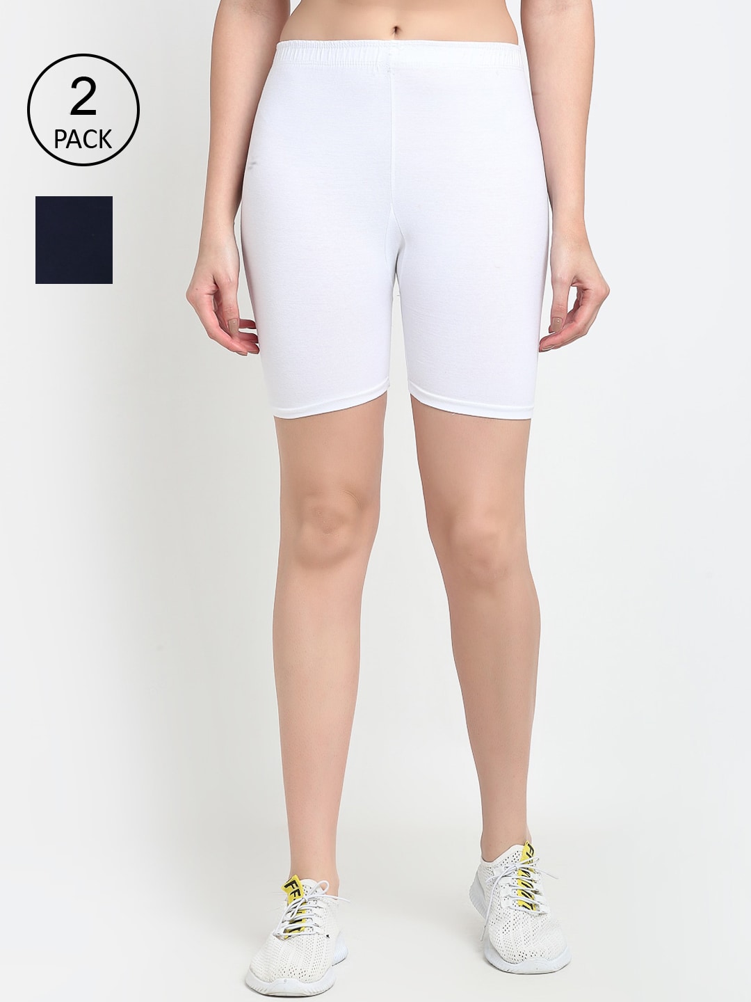 GRACIT Women White & Navy Blue Solid Cotton Cycling Shorts Price in India