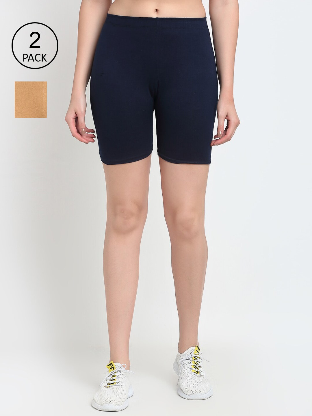 GRACIT Women Pack Of 2 Beige & Navy Blue Cycling Sports Shorts Price in India