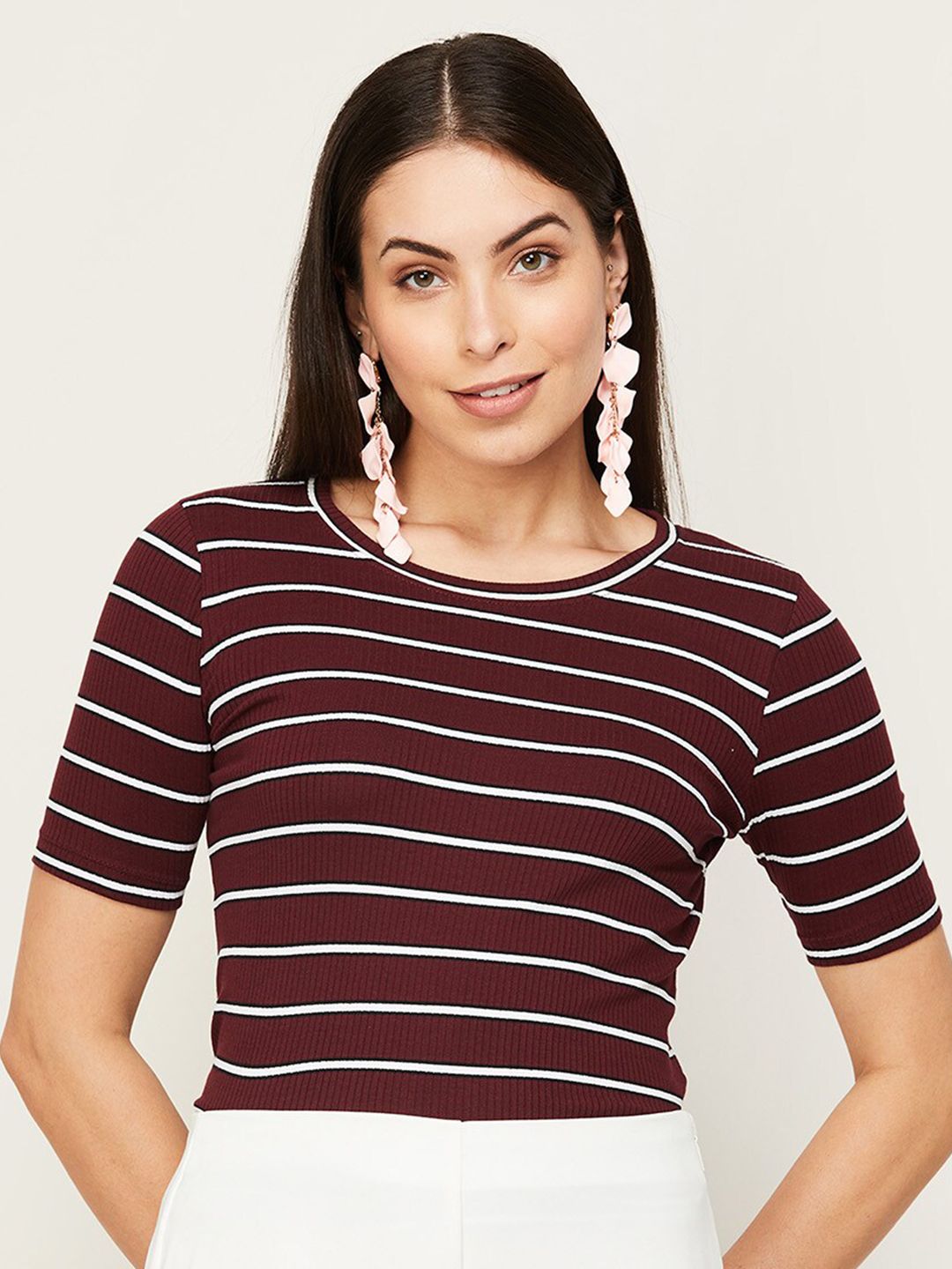 CODE by Lifestyle Maroon Striped Cotton Top Price in India