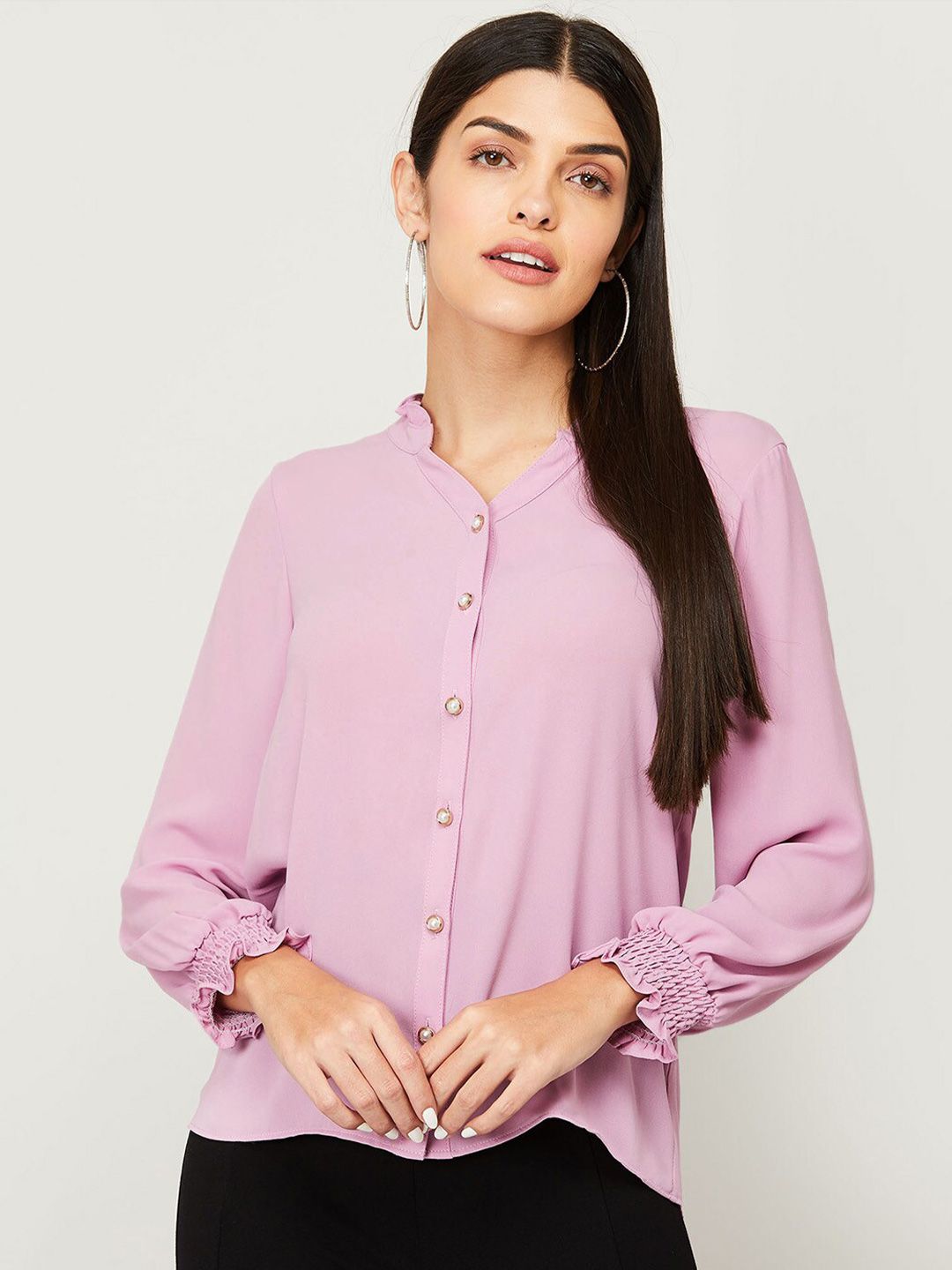 CODE by Lifestyle Women Pink Mandarin Collar Shirt Style Top Price in India