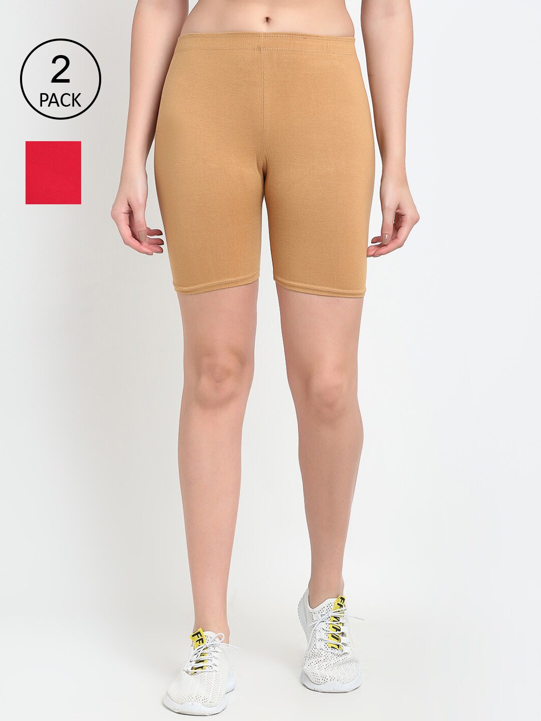 GRACIT Women Red And Beige Pack Of 2 Cycling Sports Shorts Price in India